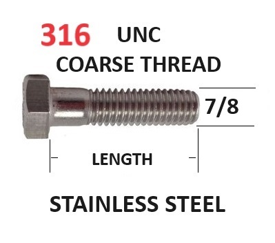 7/8 UNC Hex Head Bolts Stainless Steel Marine Grade 316 A4-70  Select Length